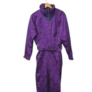 Vintage Retro Black Bear Purple Diamond Pattern One Piece Snow Ski Suit Size S
